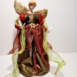 Vintage Lighted Christmas Tree Topper Angel Porcelain Face Jewel Tones NICE 12"